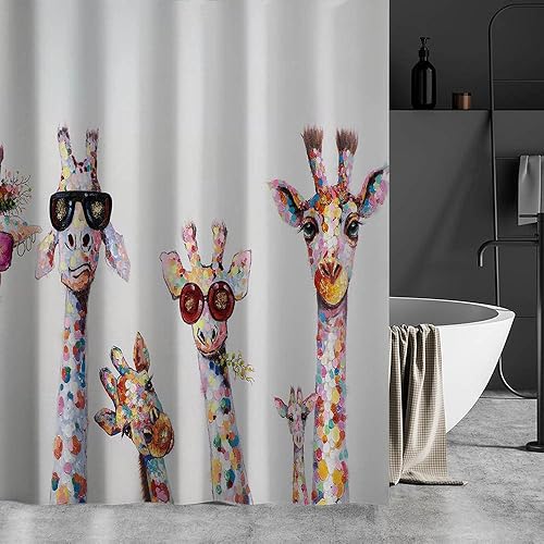 Miniatura 5 de Bonita cortina de ducha de jirafa, divertida cortina de baño blanca para el hogar, juegos decorativos con ganchos para decoración estética, cortina