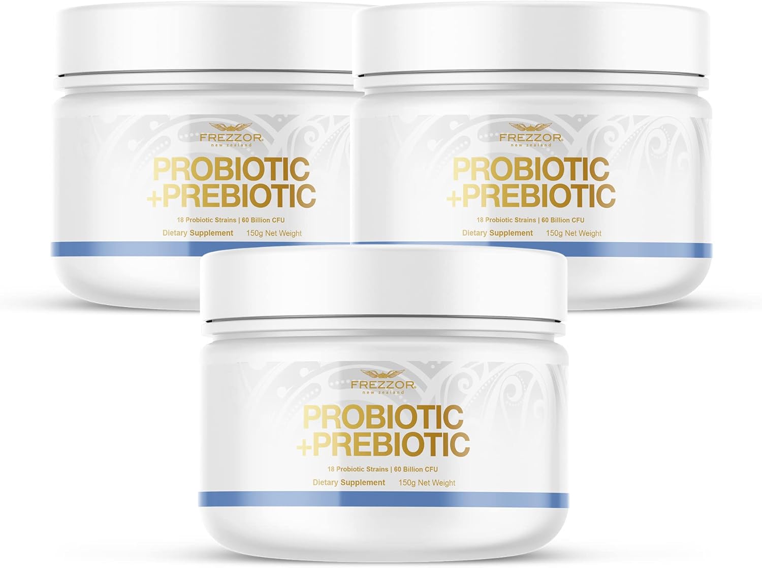 FREZZOR Probiotic + Prebiotic Powder, Once Daily 60 Billion CFUs, Digestive Health for Men and Women, 18 Strains, Shelf Stable, with Fermented Wholefoods, Prebiotic & Fibre, 3Pk, 450g, 3 Month Supply
