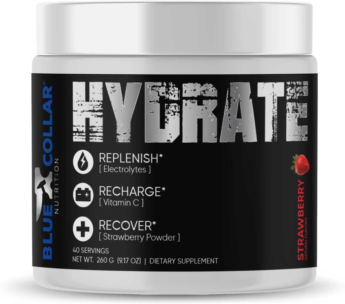 BLUE COLLAR NUTRITION Hydrate Advanced Hydration Powder - Flavored Electrolyte Drink Mix for Optimal Sports Performance and Vitality – 30 Servings (260 g, Strawberry)