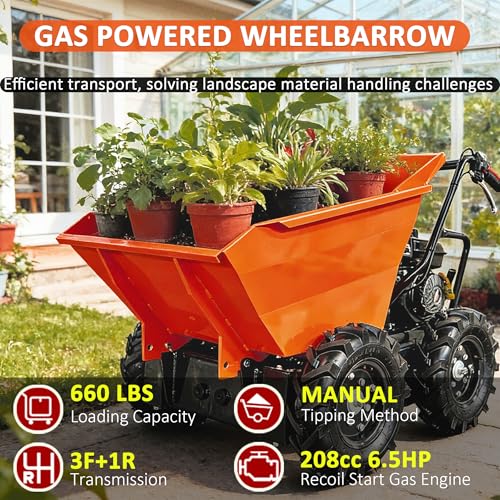Carretilla para construcción RENDGO con capacidad de carga de 660 lbs, motor a gasolina 208cc 6.5HP, caja de cambios 3 adelante + 1 reversa, tracción en las cuatro ruedas, color naranja miniatura 2