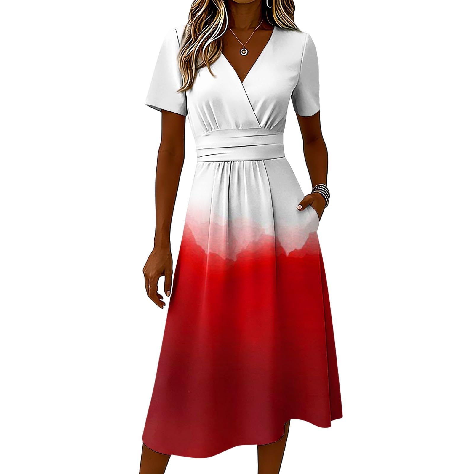 Robe d'été à manches courtes – Robe pour femme, taille haute, coupe trapèze, col en V, couleur assembler, style bohème, pour vacances, robe élégante et légère