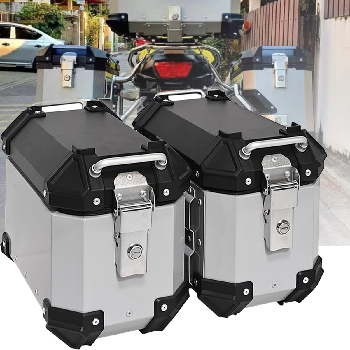 Scatole per Bagagli Laterali per Moto, Borse Laterali Rigide per Moto da 16 Litri E 16 Litri con Kit di Montaggio per Scooter in Alluminio, per Bagagli da Viaggio,Argento