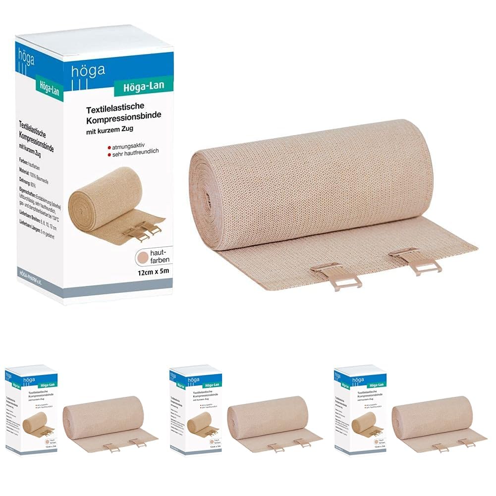 Höga Lan, Textilelastische Kompressionsbinde mit kurzem Zug - 12 cm x 5 m gedehnt – sehr hautfreundlich, atmungsaktiv, elastisch, waschbar (Packung mit 4)