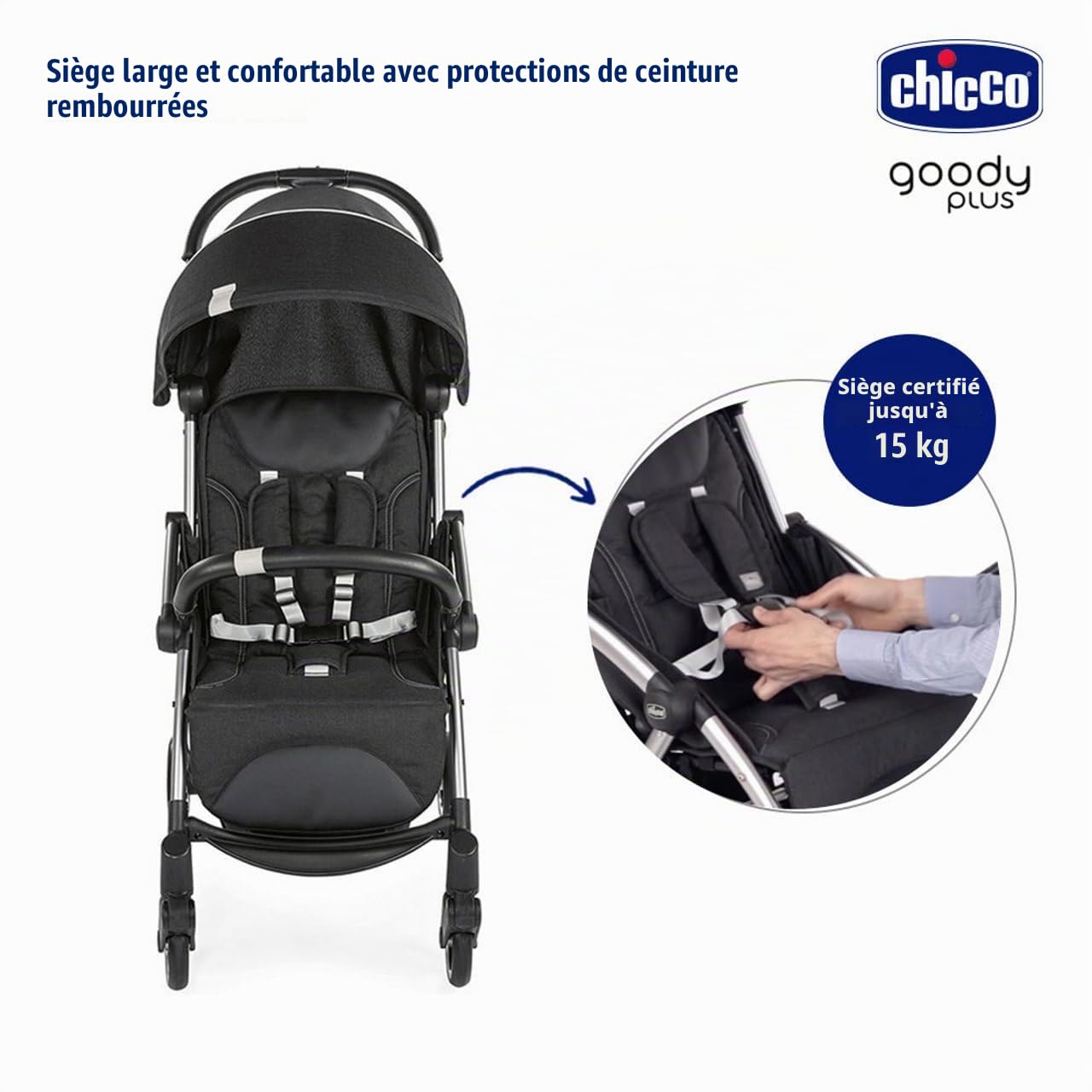Chicco, Goody Plus Graphite, Poussette 0 Mois-4 Ans, avec Fermeture Automatique et Compacte, Capote Extensible avec Traitement UV50+ Anti-Pluie, Dossier Inclinable et Réglable en 3 Positions