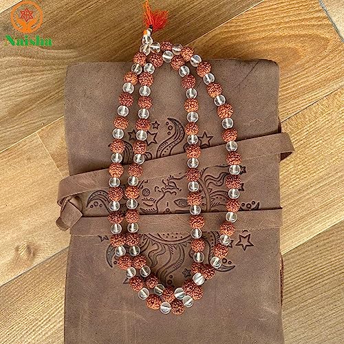NAISHA Rudraksha & Crystal Sphatik Mala 108 +1 Beads Necklace, Natural 5 Faced Himalaya Rudraksh Prayer Bead, Wrist Wrap Jaap Mala, Size 7 mm (1 Pack) - Image 3
