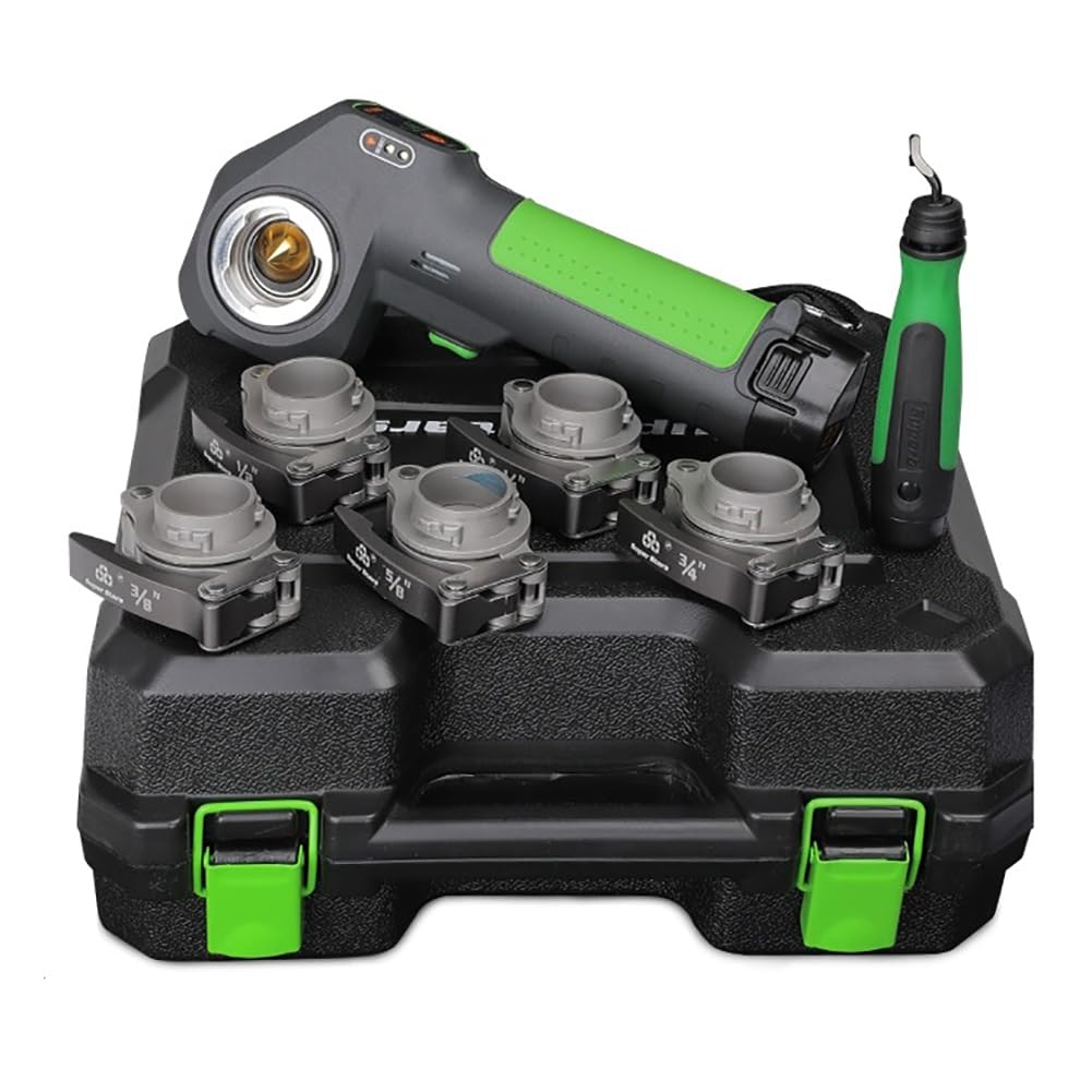 HYQNGCordless Flaring Tool Kit Automatic, 45° Eccentric Tube Flaring Tool with 5 Flare Clamps & Deburring Tool, 1/4”-3/4” HVAC Single Flare Tool, Electric Copper Tubing Expander