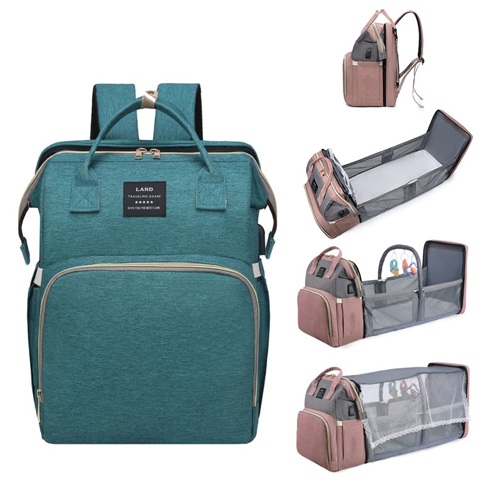 [VIGOUROUS] マザーズバッグ おむつ交換用バックパック 表面PU 裏面ナイロン 大容量 多機能 ベビーベッド付き USB充電ポート 蚊帳付き 保温ポケット ベービーかーに掛ける 出産祝い プレゼント 黒 青い 緑 ピンク グレー