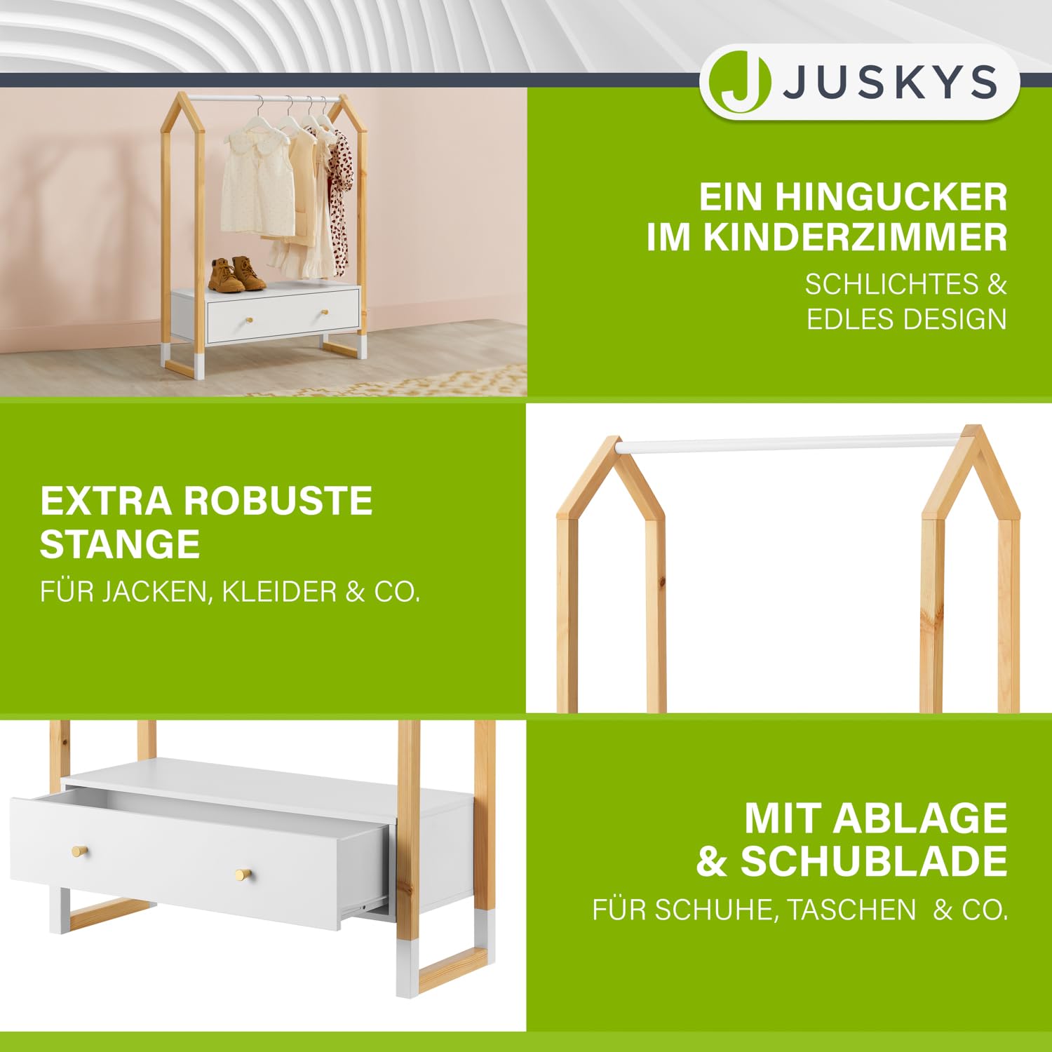 Juskys Kinder Kleiderständer Filla - große Schublade, Kleiderstange, offener Ständer - Kindergarderobe aus Holz - Mädchen & Jungs - Garderobe Weiß