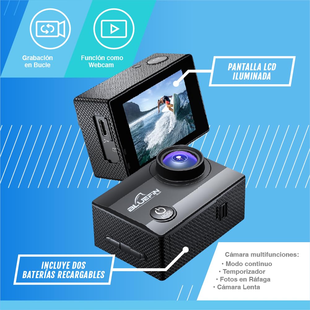 Bluefin C-Scape Cámara Deportiva Sumergible 4k, Foto y Vídeo Full HD, 1080p, Ojo de Pez de 170º, Sumergible hasta 30m, Pantalla LCD, Conexión WiFi, Baterías Recargables, Negro