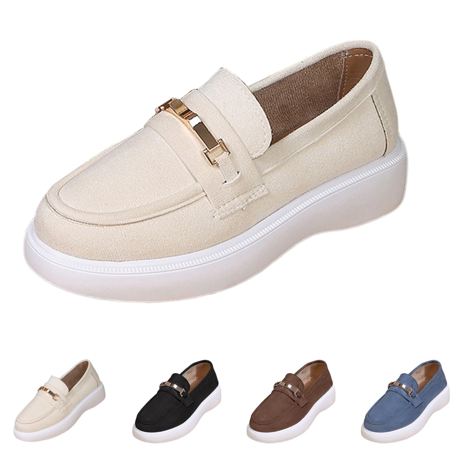 Mocassini classici da donna in metallo, con plateau, in finta pelle scamosciata, senza lacci, stile casual, per ufficio e guida, Beige, 40 EU