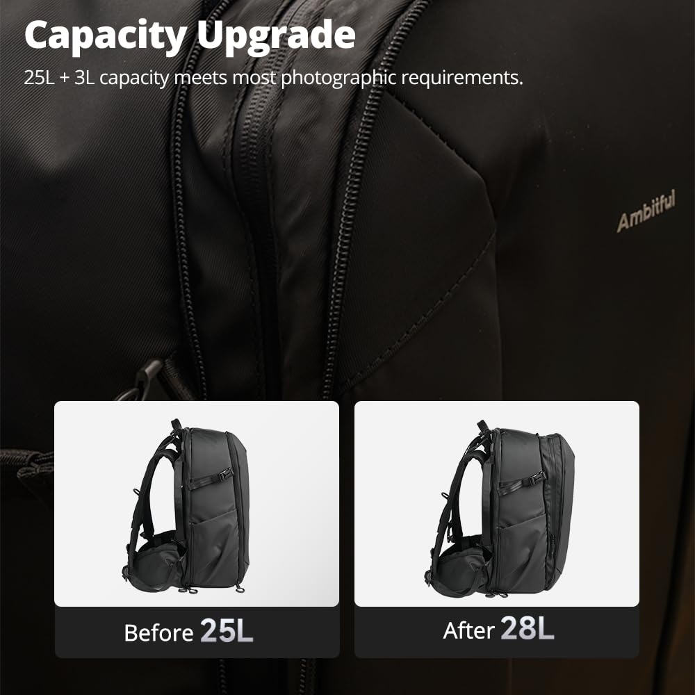 Ambitful Large Camera Backpack Bag for DSLR/SLR Mirrorless Camera Ergonomic suspended Professional outdoor photography backpack Waterproof with Tripod Holder&Laptop Compartment, Black（25L+3L, OM-28)