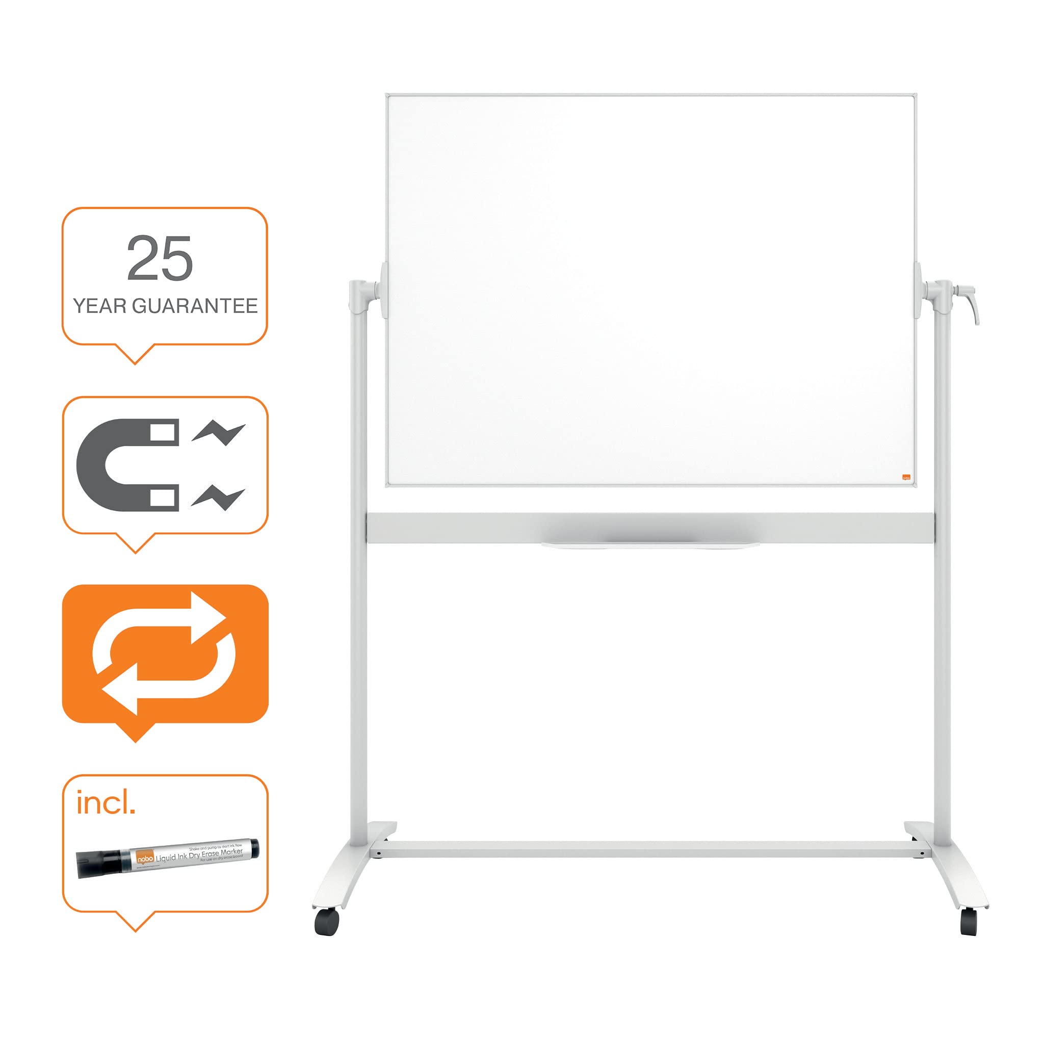 Nobo Mobiles Whiteboard aus Emaille, trocken abwischbar, magnetisch, mit horizontalem Drehpunkt (von oben nach unten schwenkbar), auf Rollen, mit Stifthalter, Magneten und Marker, weiß, 1901033