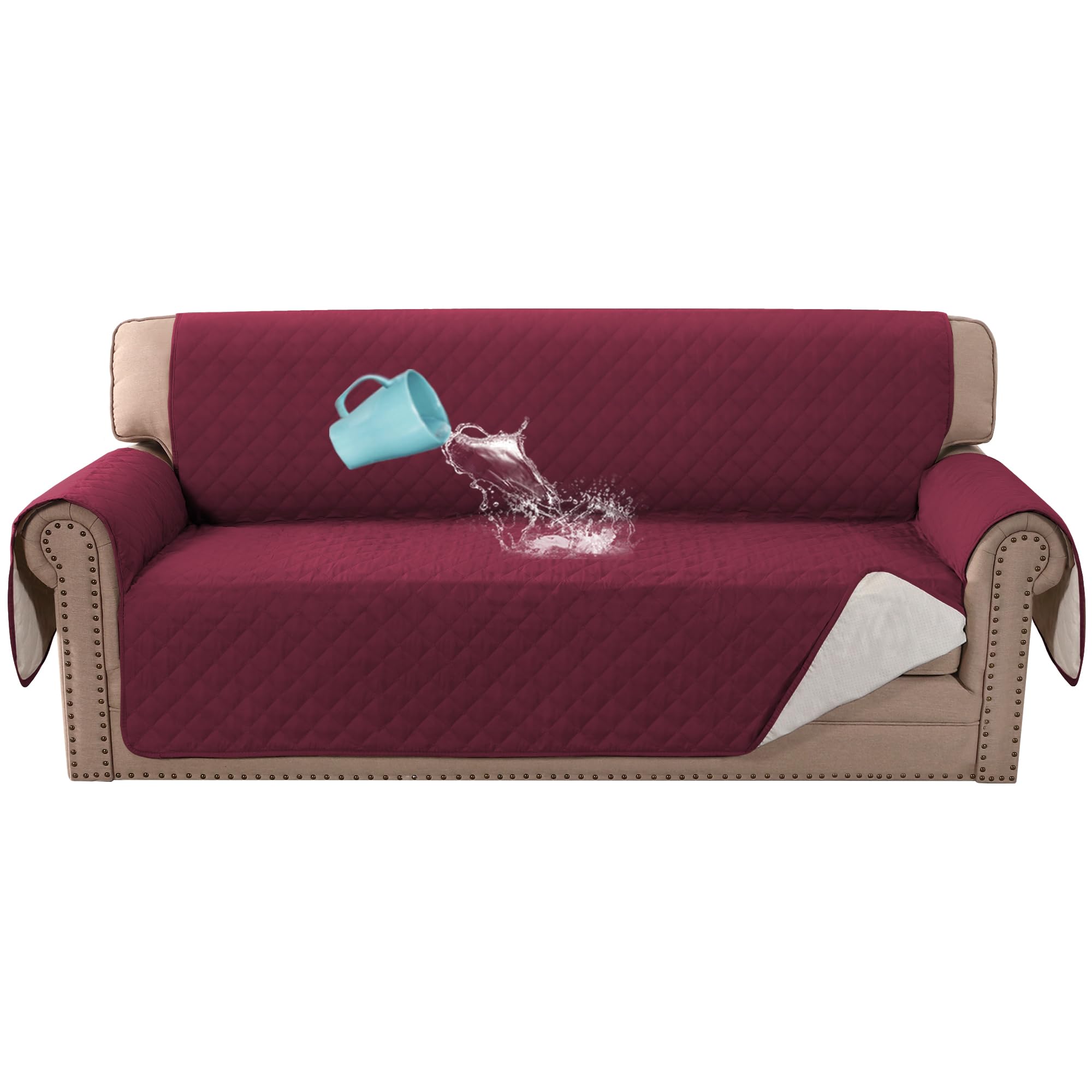Bellahills Burgundy Sofa Cover 100% Waterproof Sofa Cover 3 Seater Sofa Slipcovers Triple Non-Slip Couch Covers 3 Seater Washable Sofa Protector With Elastic Strap For Kids/Pets (Sofa 70", )