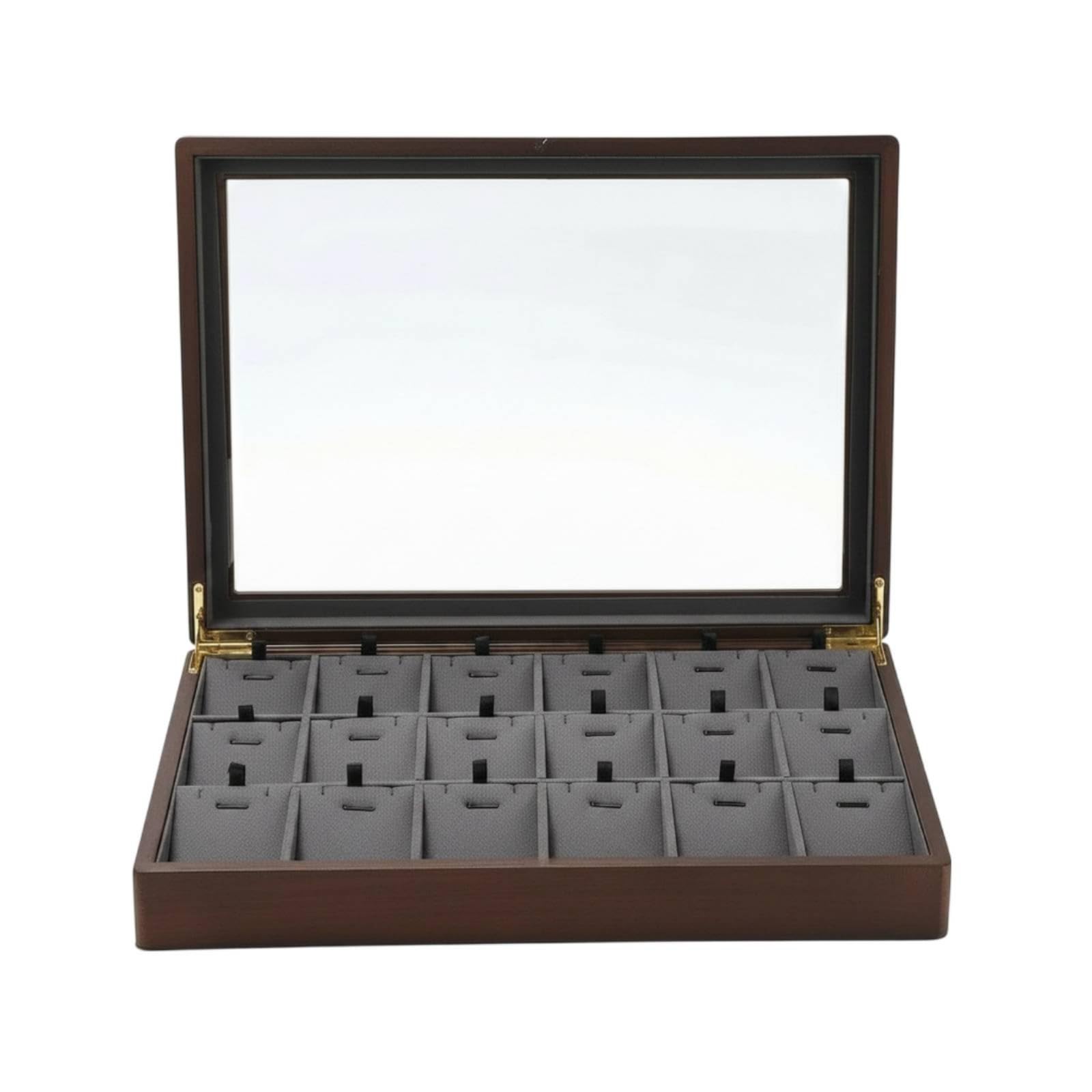 Harilla Vassoio Esposizione Gioielli Scatola Gioielli Contenitore Organizer Espositore con Top Vetrato E Cerniere Metalliche Legno Elegante E Divisori Interni, Grigio Scuro, Elegante