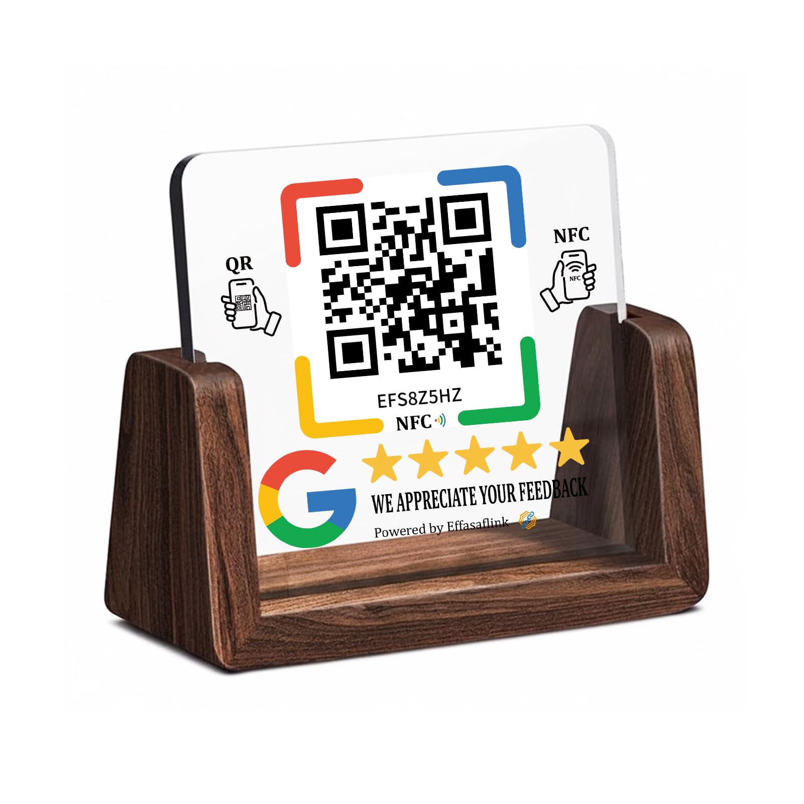 Wooden Stand with Clear Acrylic QR & NFC Sign for Small Business – Easy and Fast Access to Customer Reviews Page – Boost Business Reviews – Compatible with Google Review Page