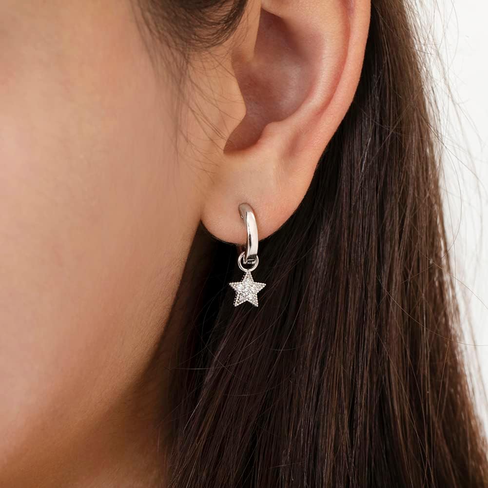 925 Sterling Silver Celestial Clear Cubic Zirconia Moon & Star Dangle Hoop Earrings For Young Girls and Preteens 12mm - CZ Earrings for Star Gazing Little Girls - Image 3
