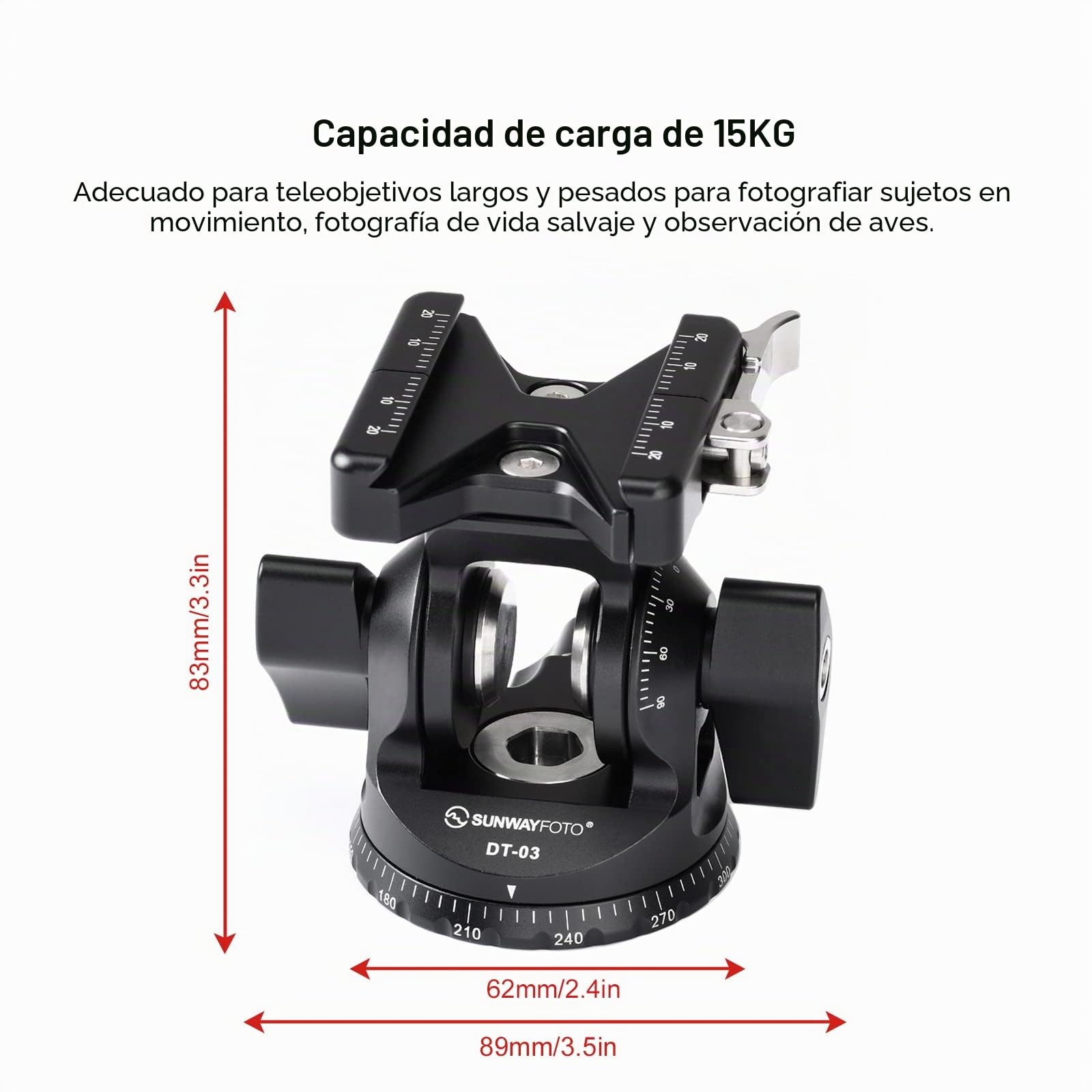 SUNWAYFOTO DT-03 Cabezal de inclinación para monopié y trípode, capacidad de carga de 15 kg