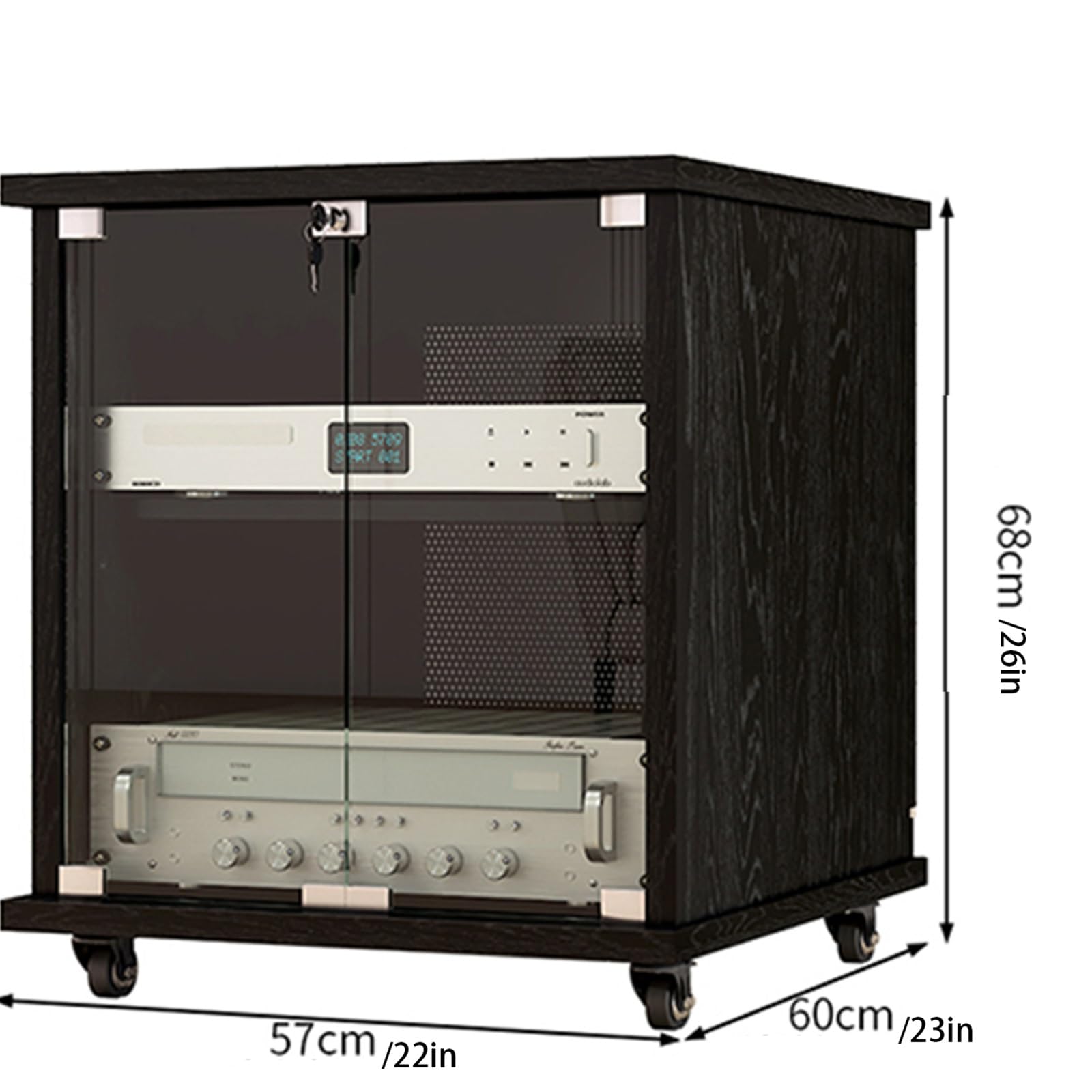 Support multimédia AV moderne avec roulettes, tour de rack audio, gestion des câbles, assemblage facile, armoire de rangement polyvalente pour la maison, le bureau et le théâtre, solution de rangement