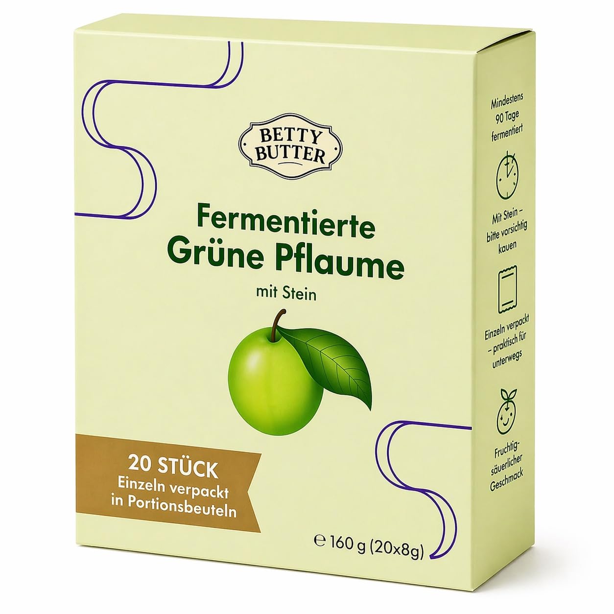 Fermentierte grüne Pflaume mit Stein, 20 Portionsbeutel à 8 g (160 g), fruchtig-säuerlicher Snack mit Matcha-Grünteepulver