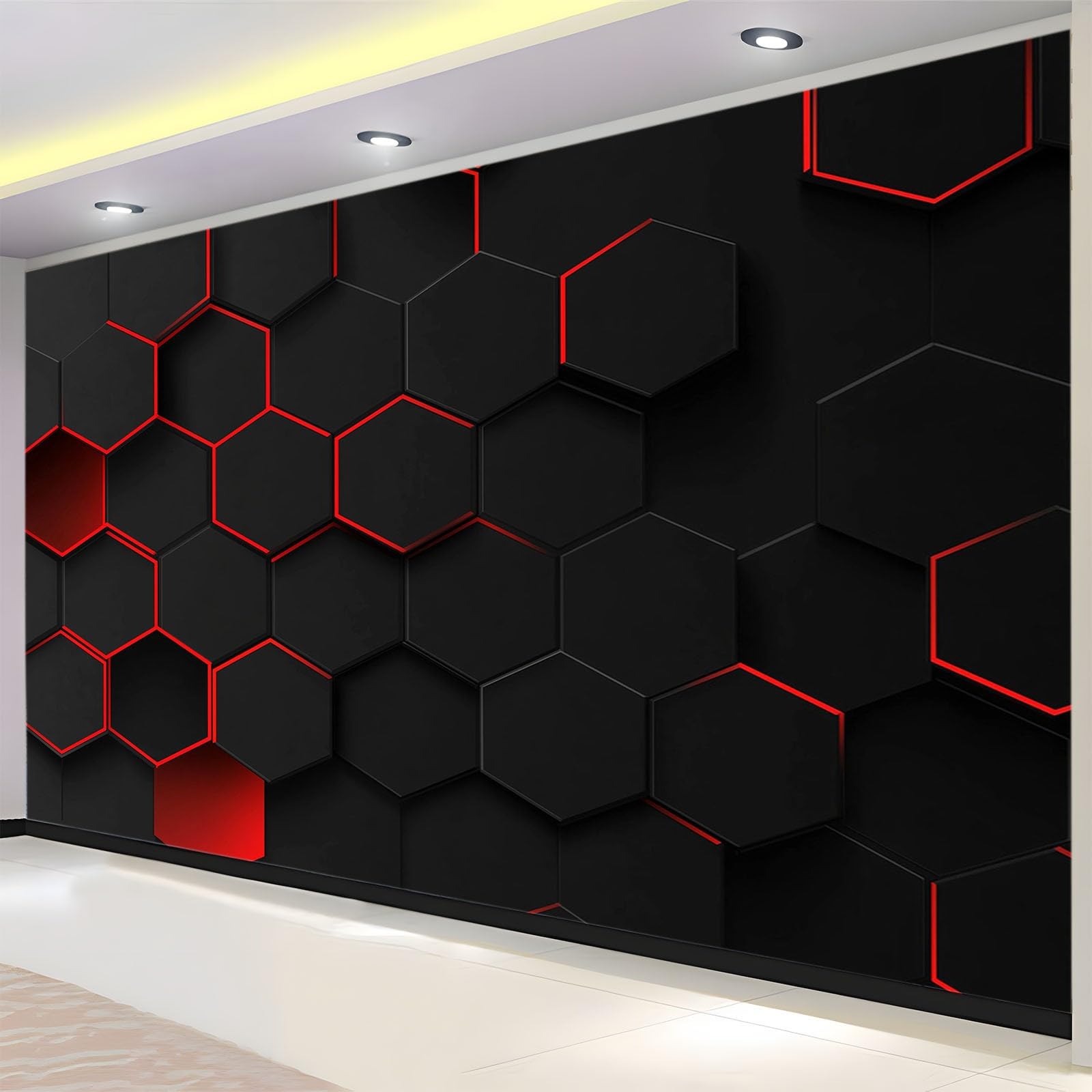 Tapeta do salonu czarno-czerwona geometryczna plastry miodu 250 x 175 cm fototapeta moda dekoracja ścienna plakat 3D tapeta ścienna, do sypialni, biura, pokoju dziecięcego