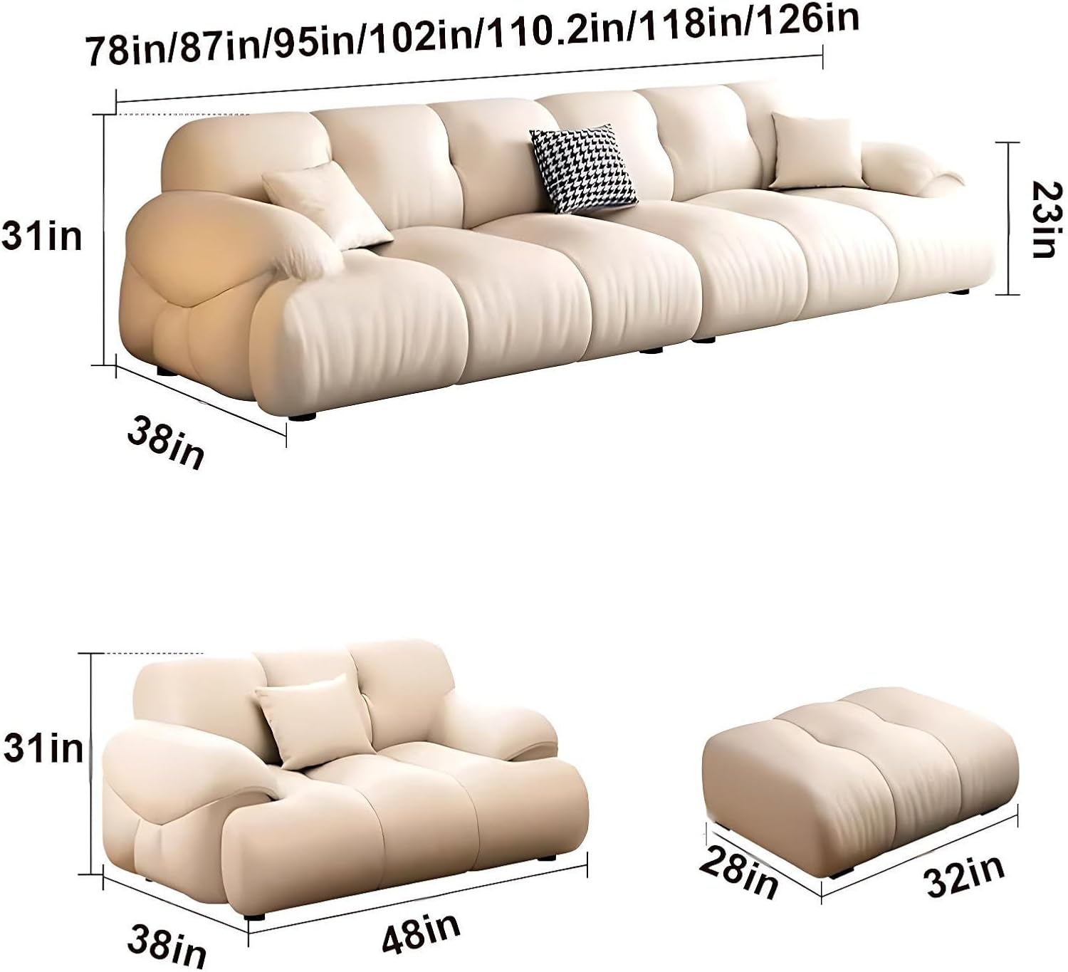 Sectional Couches - Stylish Sectional Sofa Set with Chair, Leather Fabric & Metal Legs, Luxury Couch Sets with for Living Room, No Assembly Needed (Off-White-D,118IN)