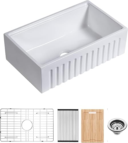 Miniatura 2 de Fregadero de cocina con estación de trabajo de porcelana de arcilla refractaria de 30 pulgadas, de cerámica reversible, delantal de granja con