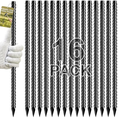 Fabulas Rebar Stakes 16 inch 16 Pack Ground Stakes Heavy Duty with Chisel Point End 3/8 Diameter Straight Steel Metal Anchor for Garden Driveway Markers Concrete Form Landscape Camping Plant Black