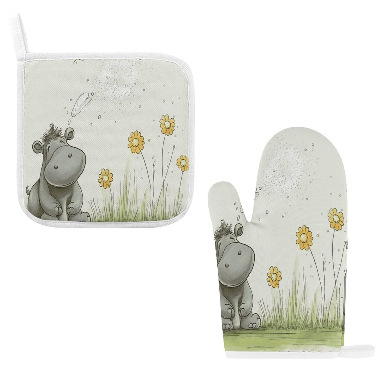 Btcowzrv Style Hippo And Dandelion Oven Mitts And Pot Holders 2Pcs Set