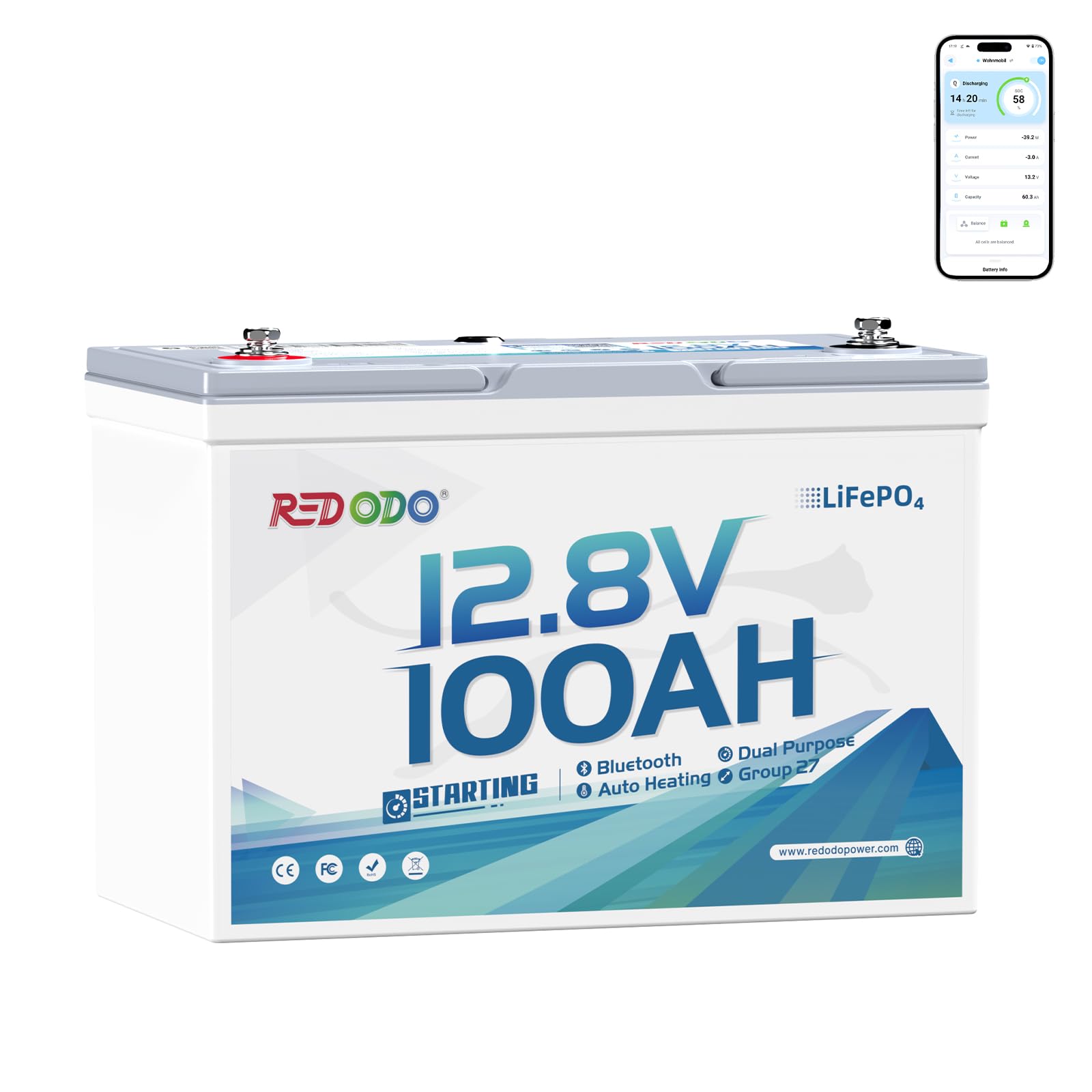 Redodo 12V 100Ah LiFePO4 Bluetooth Group27 Lithium Marine Battery