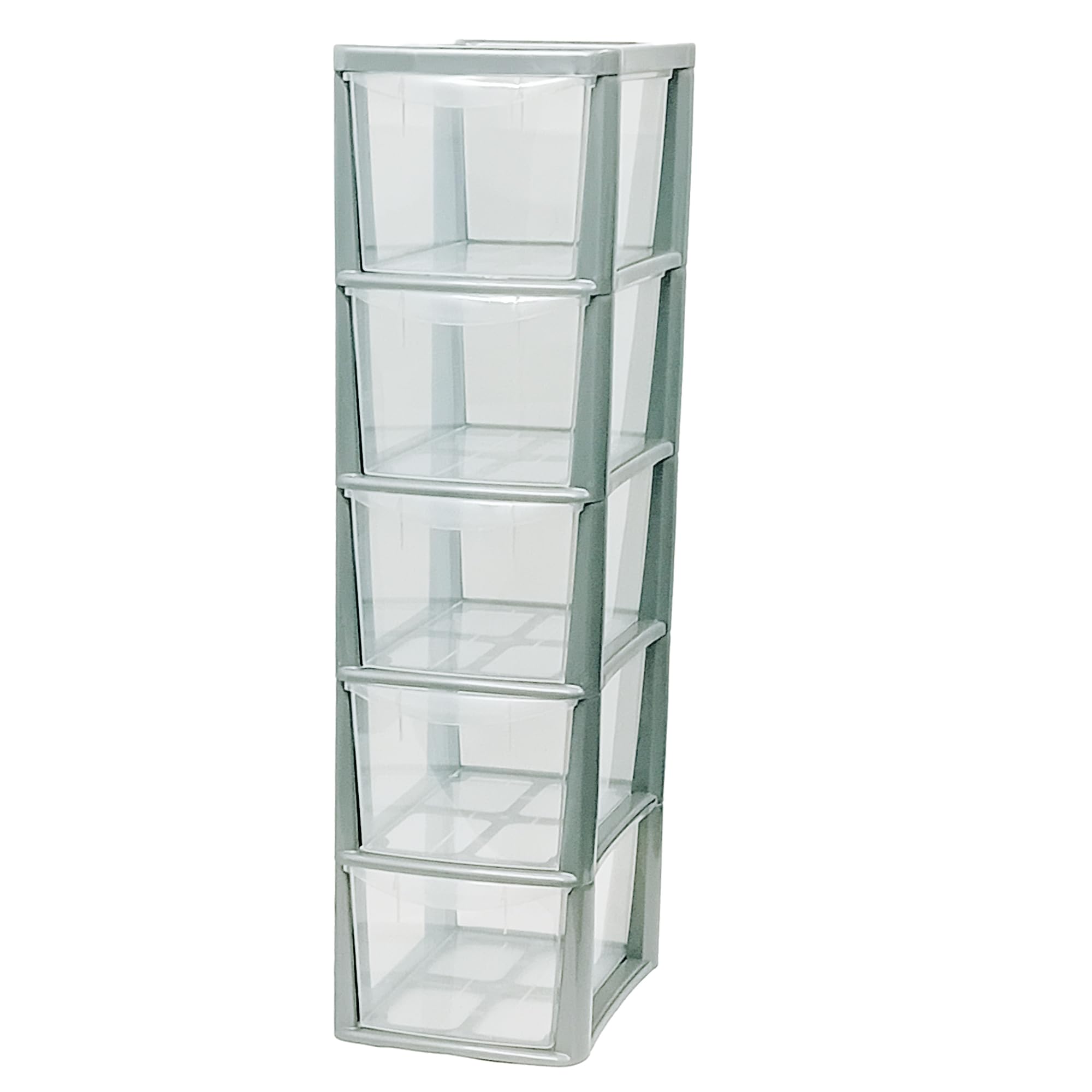 KYY'Z Rattan Effect Drawer Plastic Storage Organizer- Multipurpose Storage Drawer Unit Home Kitchen Office School Garage Bedroom Bathroom Stationery Toys 25Dx19Wx 78Hcm (Silver/Clear, 5 Tier)