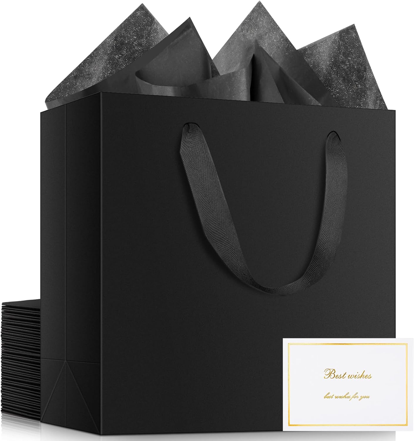 EUSOAR Gift Bag Black, 20pcs 12.5"x4.5"x11" Large Gift Wrap Shopping Thank You Bags with Handles 50pcs 20"x30" Black Tissue Paper and 20pcs White/Gold Blank Greeting Cards for Wedding Party Boutique