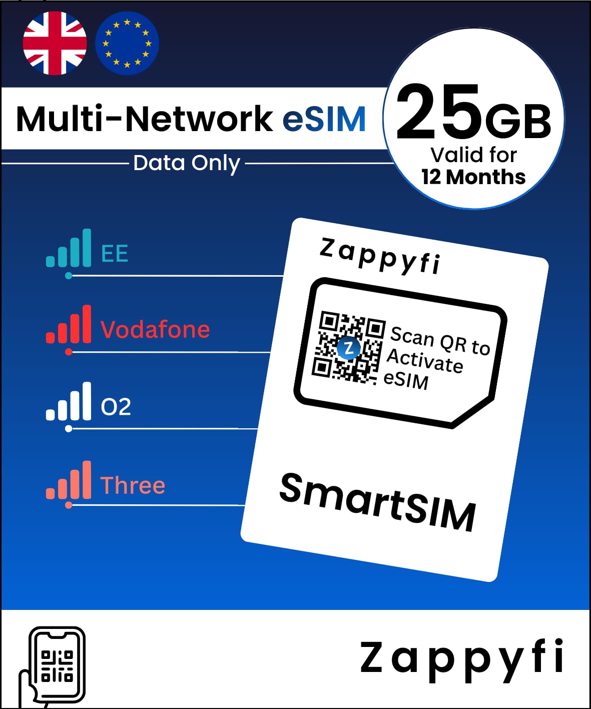 eSIM multired solo de datos, conecta automáticamente EE, O2, Vodafone y Three, 4G/5G prepago PAYG, Reino Unido y 25+ Europa Roaming, para dispositivos eSIM compatibles (25 GB | 12 meses)