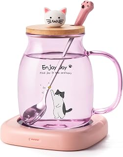 Bsigo Smart Coffee Mug Warmer & Cute Cat Glass Mug Set, Beverage Warmer for Desk Office, Cup Warmer Plate for Milk Tea Water with Two Temperature Setting(Up to 140℉/ 60℃), 8 Hour Auto Shut Off, Pink