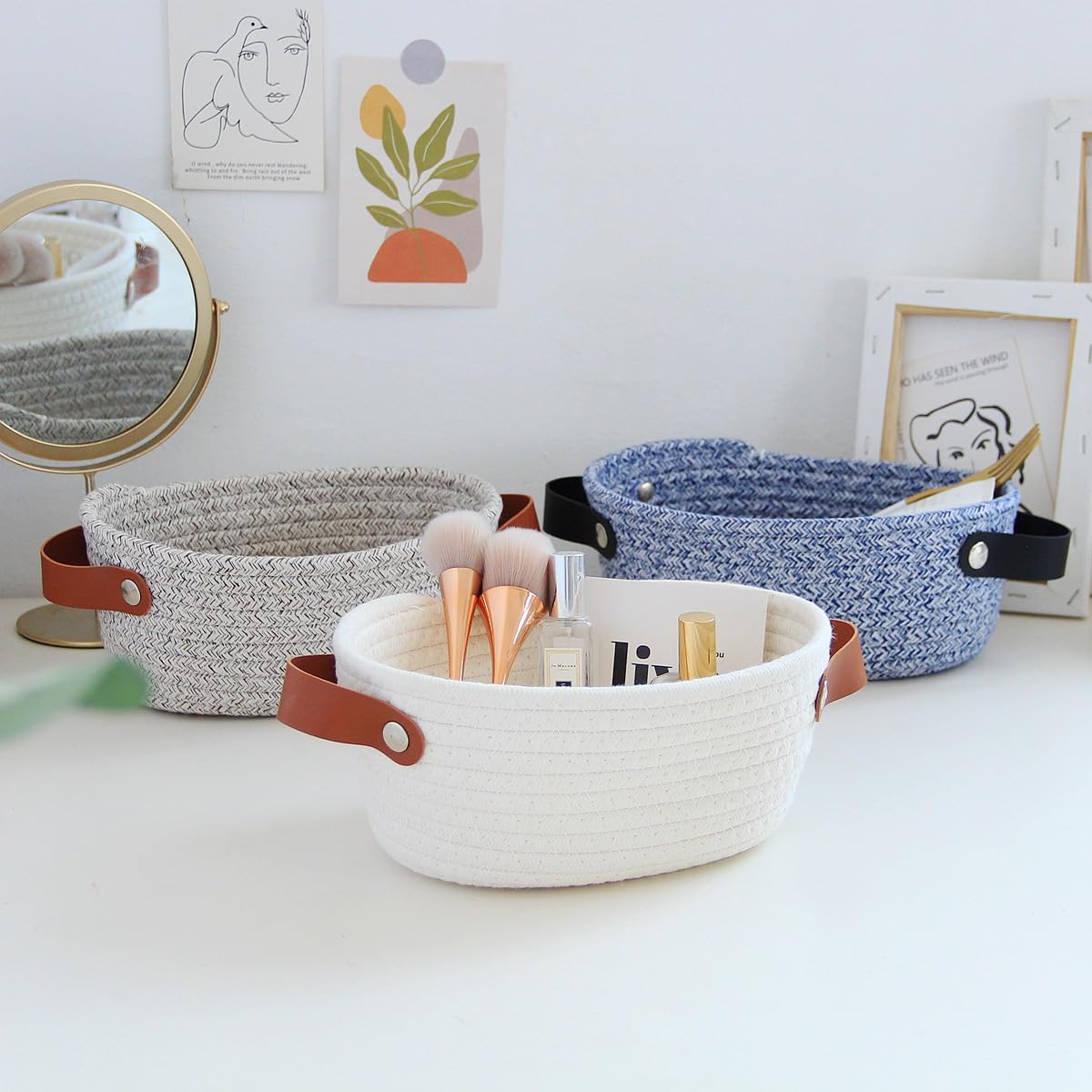 Kamuavni Woven Basket Storage Bins for Bathroom Small Toilet Paper Holder Basket Baby Nursry Basket with Handles for Toys Boho Decor Basket for Plants 9.1x7.1x3.9inch-White