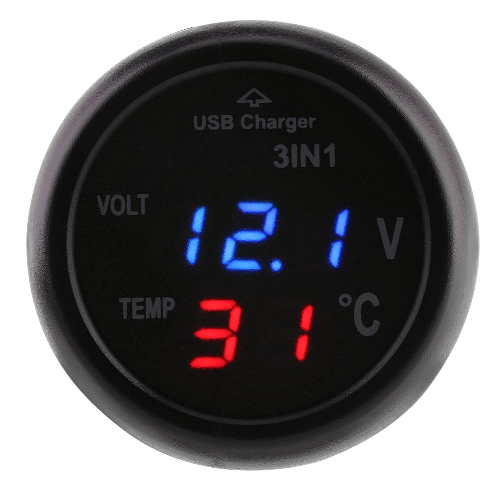 Qii lu Car Truck 3in1 Dual LED Digital Display Voltmetro Termometro per accendisigari Caricatore per auto USB(Blu + Rosso)