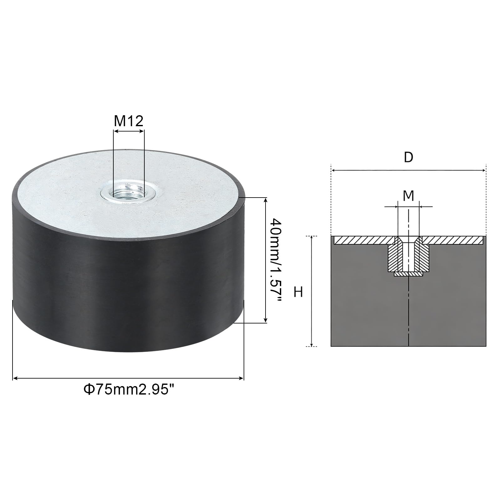 QUARKZMAN 75 x 40mm M12 Ammortizzatori in Gomma Supporti Filettatura Femmina, Supporti Isolanti Antivibrazione Sostituisce Cuscinetti Antivibranti Blocco Base Piatto Silenzioso