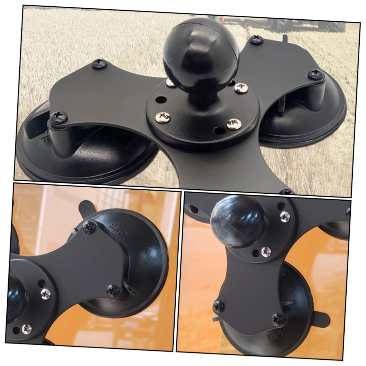 VILLCASE Soporte de Ventosa Triple de 1, 5 Pulgadas Bola Ajustable | Base Negra de Silicona y Aleación, Montaje 360°, Fácil de Ensamblar para Navegadores y Brackets