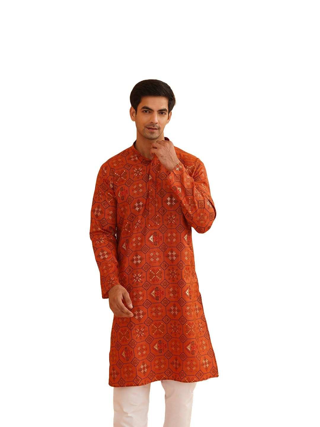 Sojanya (Since 1958 Men's Cotton Blend Printed Orange Only Long Kurta Size:42