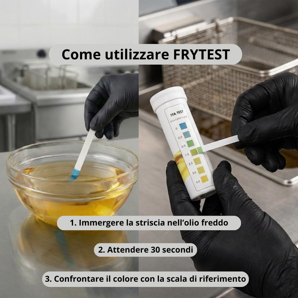 Strisce Test Olio Frittura FFA – Misuratore Acidità Olio (anche Olio di Oliva) – Controllo Qualità HACCP – 100 Strisce – Produzione Certificata ISO 9001