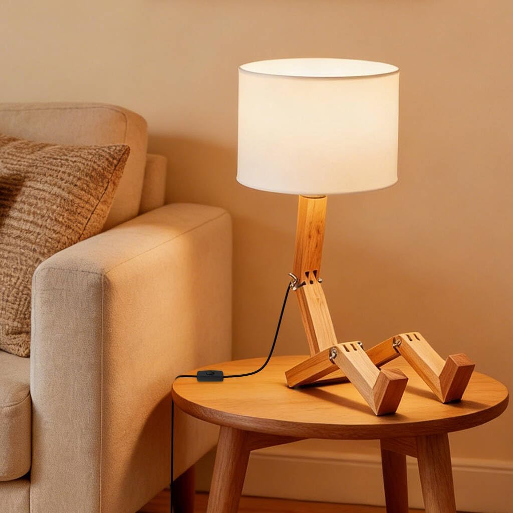 ELINKUME Robot Bedside Lamp, Fabric Lampshade Match Foldable Solid Wood Body, Creative E27 Screw Table Lamp for Bedroom Living Room
