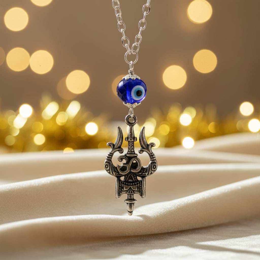AFH Om Trishul Damaru Grey Evil Eye Mirror Charm Hanging Ornament Décor Dream Catcher Positive Vibes Balcony, Gift, Vehicle, Wind Chimes-image-24