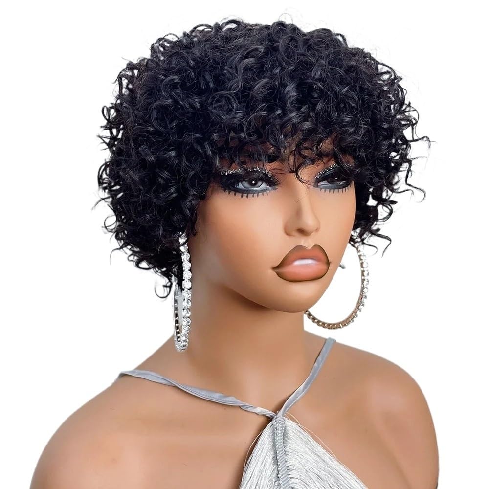 xiuling4568 8inch Short Curly Bob Wig with Bangs Human Hair for Women Wear and Go Glueless Wig for Beginners Hairs Extensions