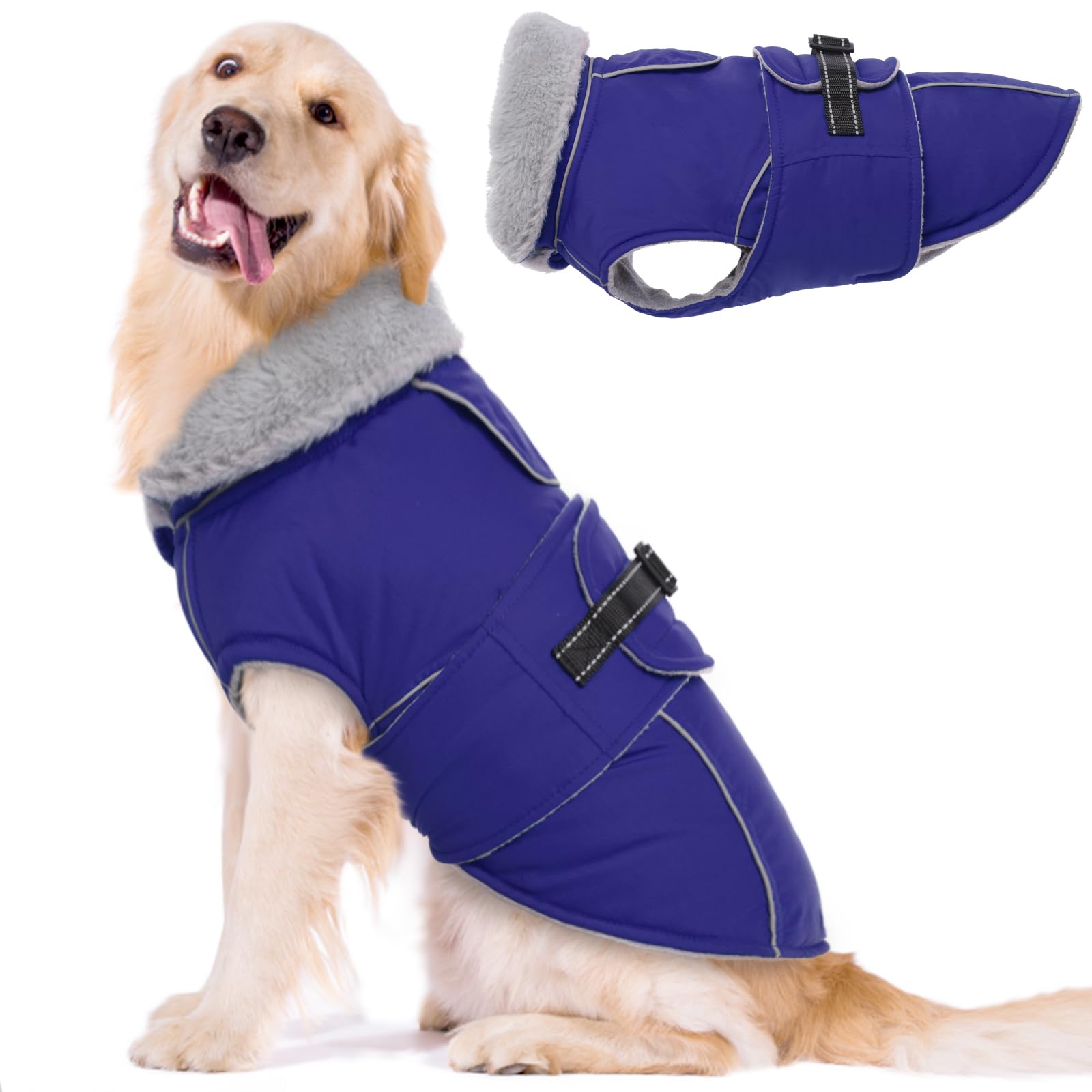 Lelepet Warm Dog Winter Coat Waterproof Dog Jacket with Adjustable Buckle & Leash Hole Reflective Pet Fleece Snowsuit Turtleneck Windproof Cold