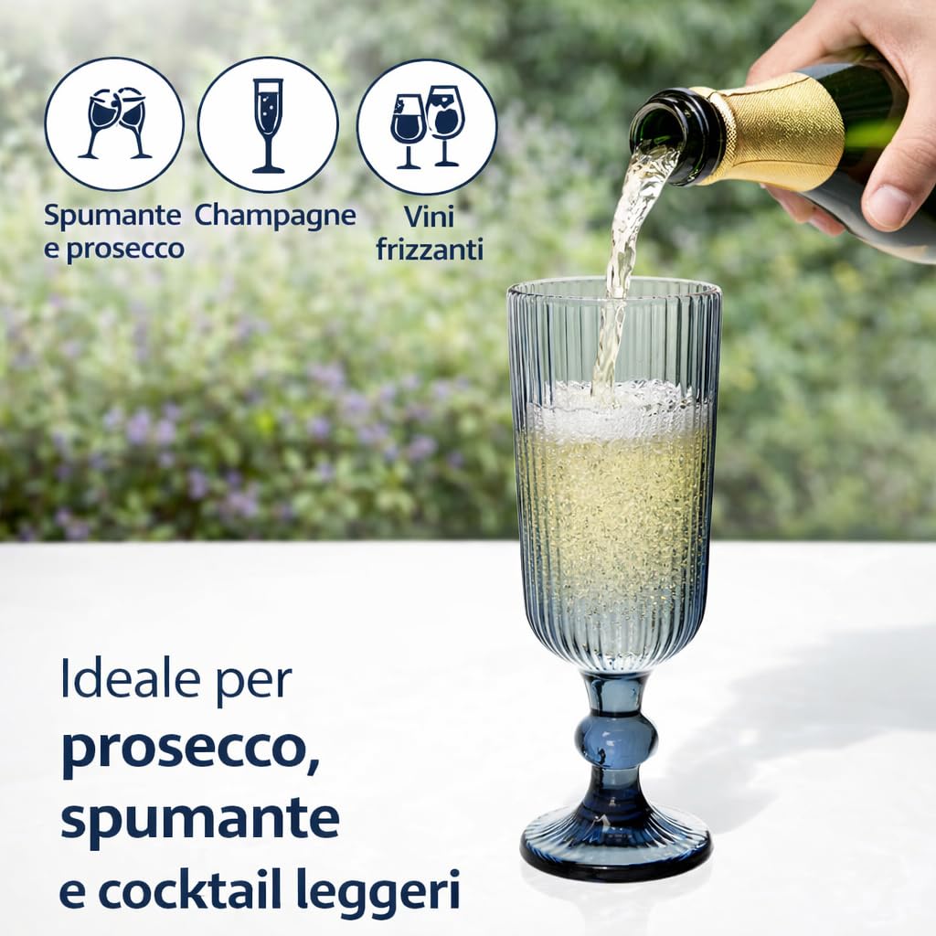 Set 6 Calici Flute in Vetro Rigato 155 ml – Calici Champagne e Aperitivo Eleganti, Design a Righe, Vetro Colorato, Lavabili in Lavastoviglie (Blu)