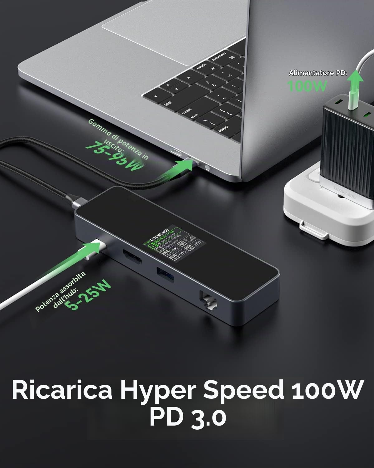 DOCKCASE Smart Hub 6-in-1, Ethernet Gigabit, HDMI 4K@60Hz, PD 3.0 100W, USB-C e 2 USB-A 5Gbps, Adattatore Multiporta per MacBook Pro/Air, Dell XPS