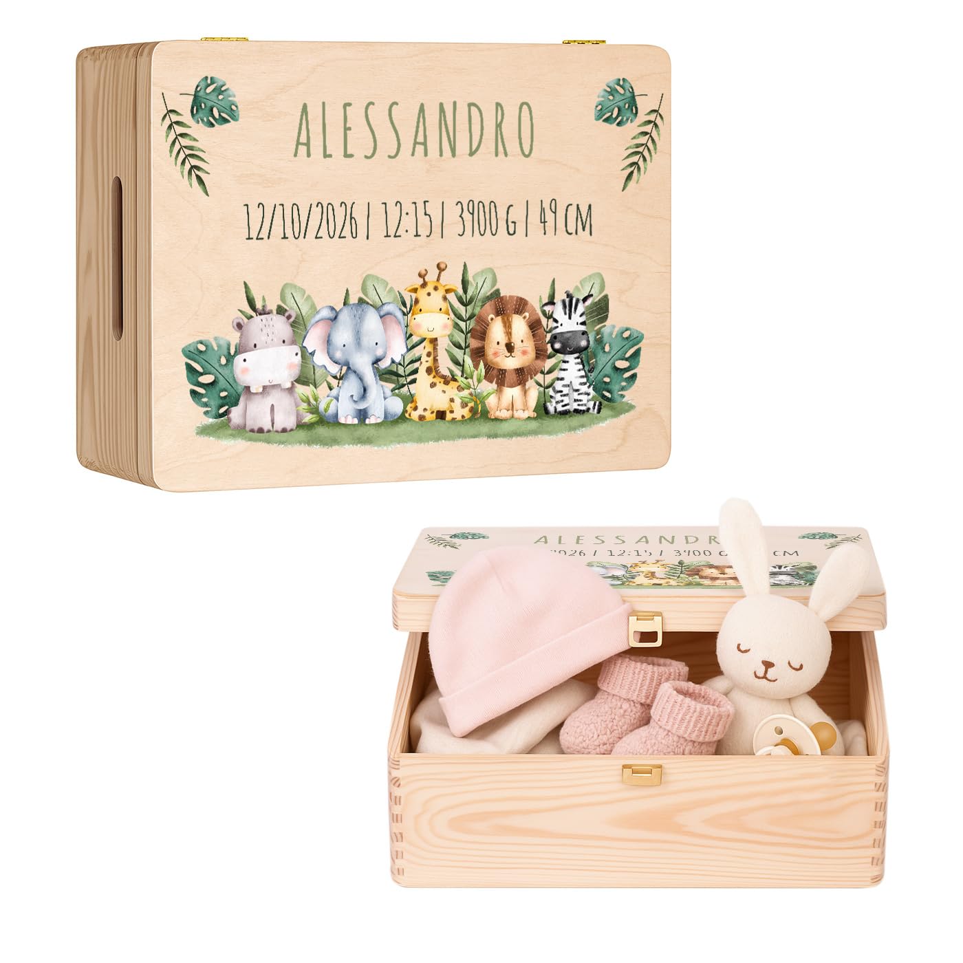 Maverton Scatola Ricordi Neonato o Neonata Personalizzata - Scatola Regalo per Bambini in Legno di Pino Naturale - Regalo Battesimo Bimbo o Bimba - regalo di Natale - Porta Oggetti per Ricordi Nascita