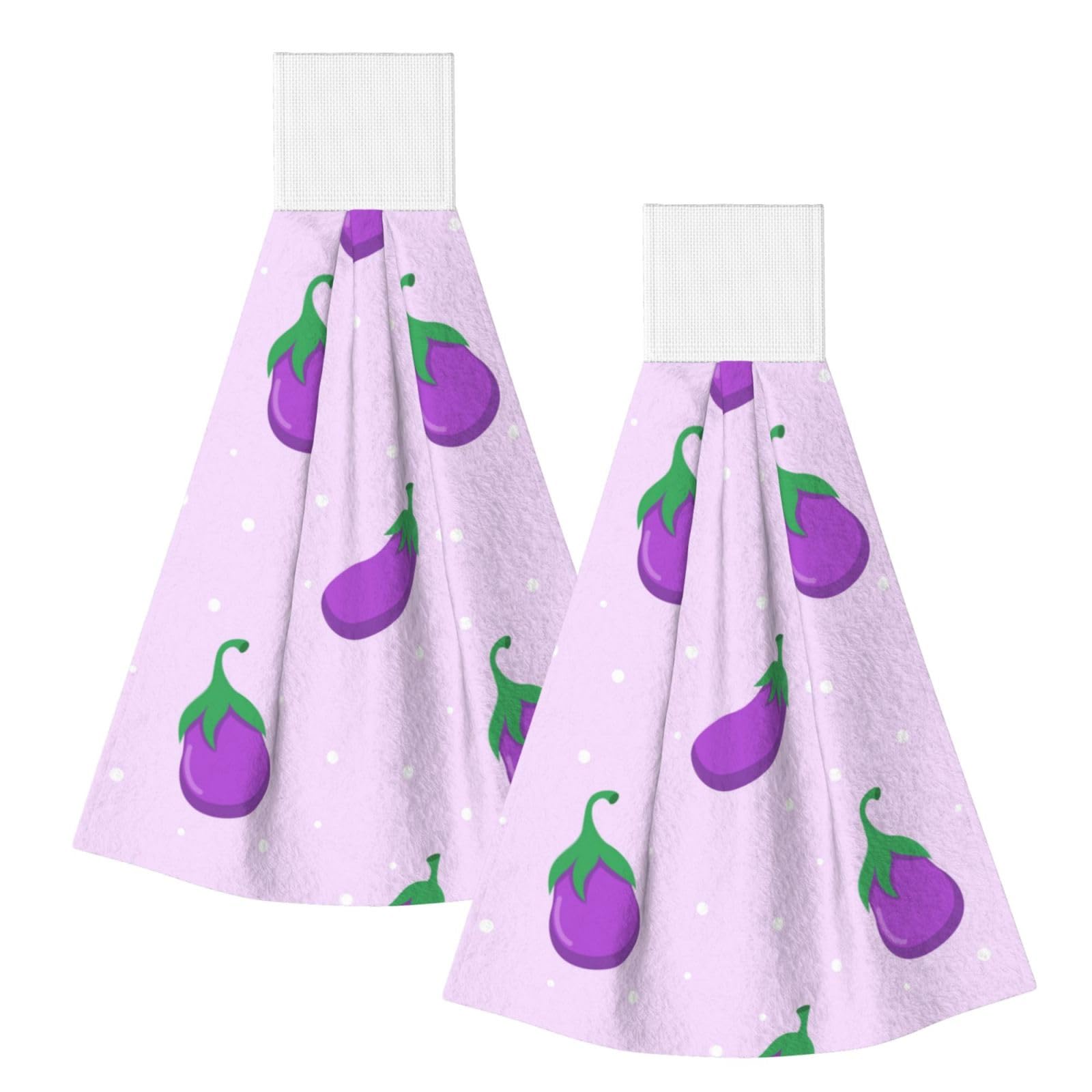 DOPKLNA Eggplant Vegetable Fruit, 2 Pcs Hanging Coral Fiber Hand Towels for Bathroom, Absorbent Kitchen Towels