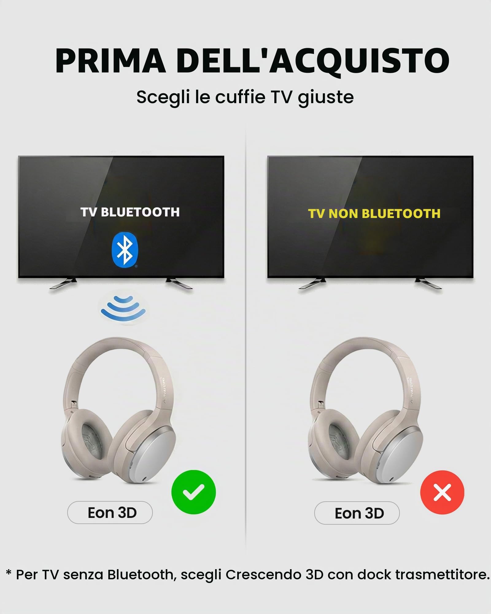 Avantree Eon 3D – Cuffie TV wireless con audio surround virtuale 7.1, cuffie Bluetooth over-ear con base di ricarica