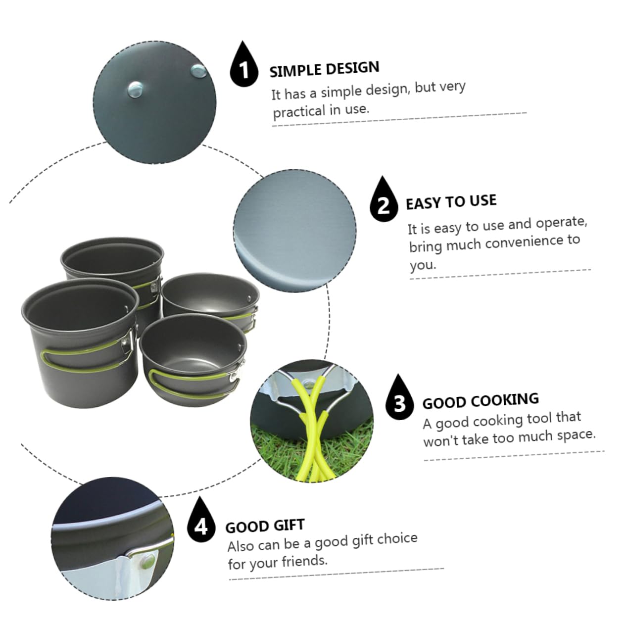 FOYTOKI 4-Piece Aluminum Camping Cookware Kit Lightweight Portable Outdoor Cooking Utensils Set Collapsible Handle Heat Resistant for Camping Hiking Outdoor Activities