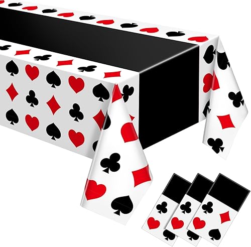 Miniatura 8 de Hosuly 3 piezas de decoración de fiesta temática de casino, mantel de póquer de plástico desechable, mantel temático de casino para juegos,
